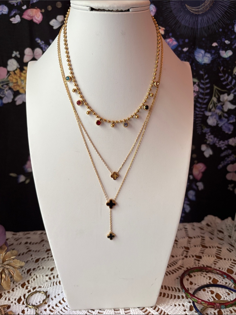 Stainless steel Gold-Tone Black double flower Necklace with Multicolor Beads